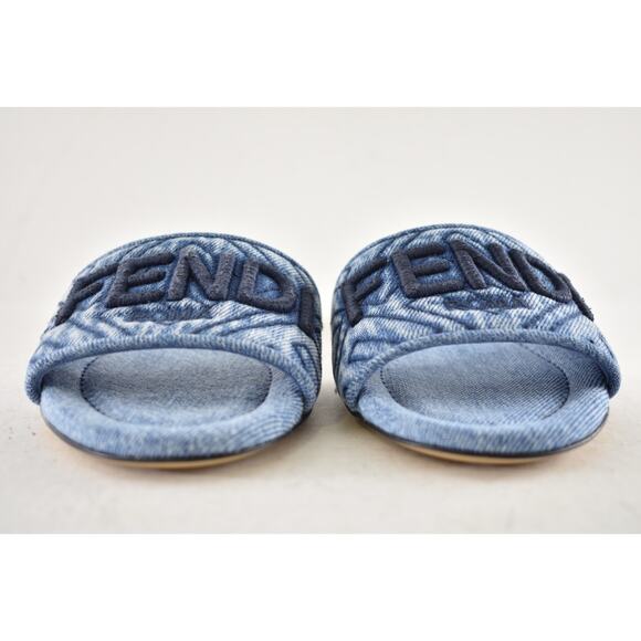 Fendi Blue Denim Signature FF Monogram Logo Mule Slide Flat Flip Flop Sandal 36 - Picture 8 of 15